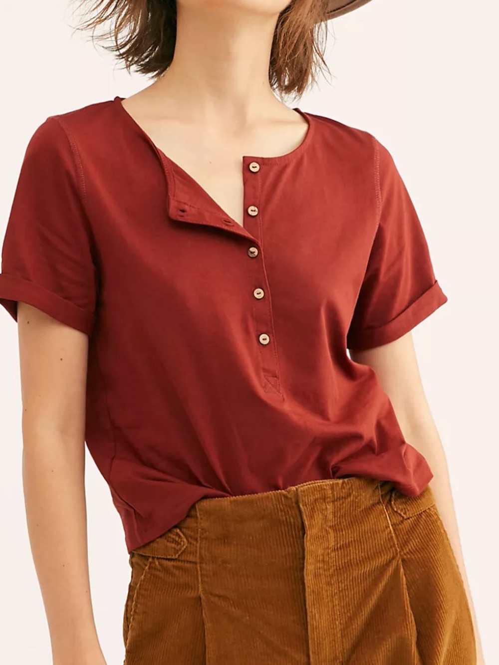 Free People What’s Up Henley Rust Short-Sleeve Button Henley